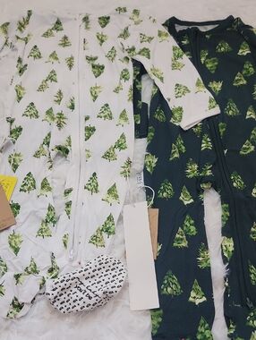 Set Of 2 Toddler Holiday Footie Bamboo Pajamas-White & Dark Green Tree Print. 2T